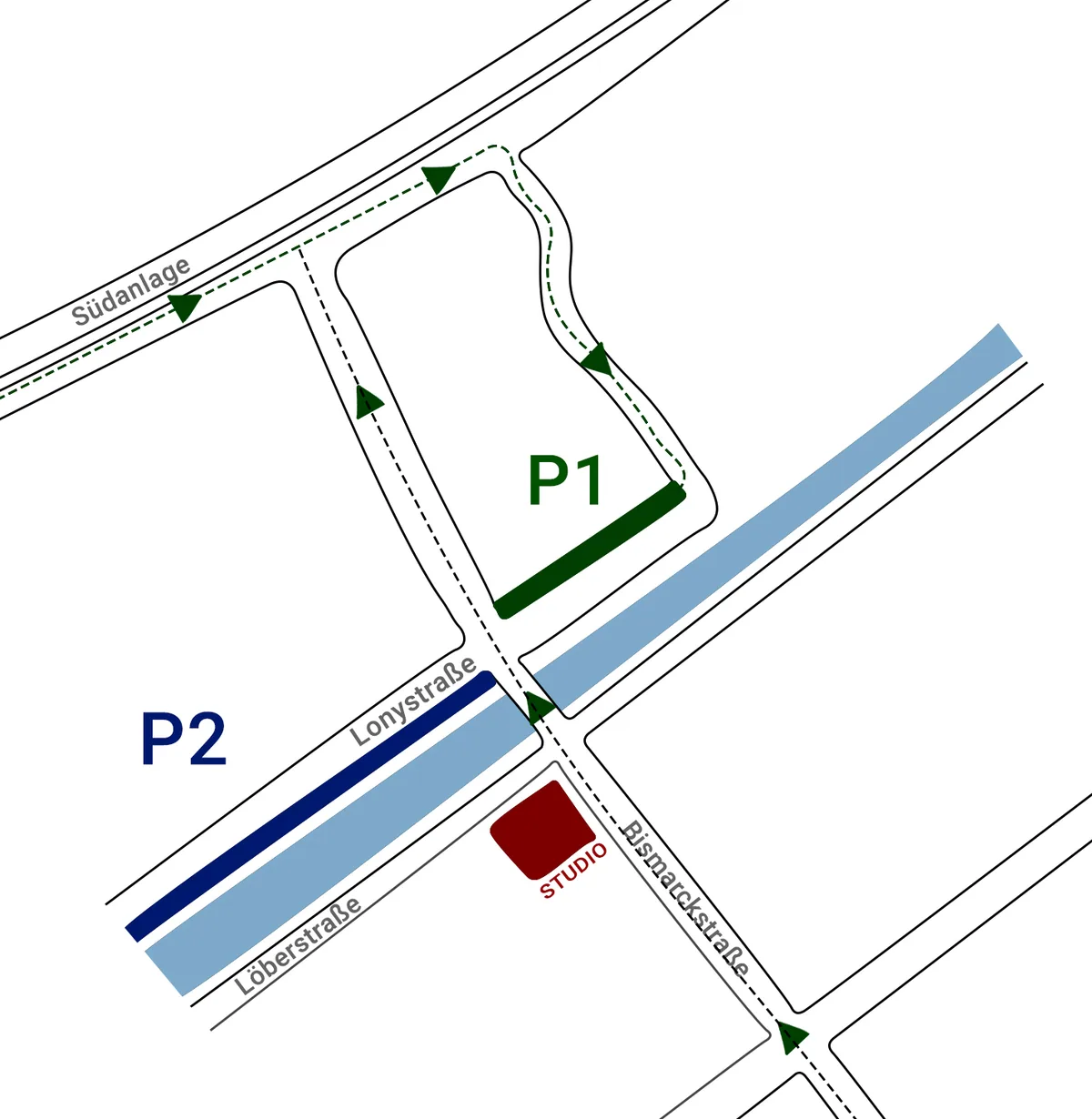 Lageplan des Studios in der Bismarckstraße 6 mit den Parkbereichen P1 und P2.